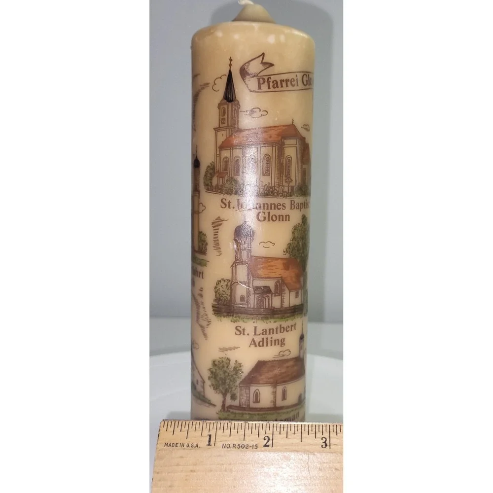 Vintage Pfarrei Glonn German Church Illustrated Pillar Candle Tan 8 Inch